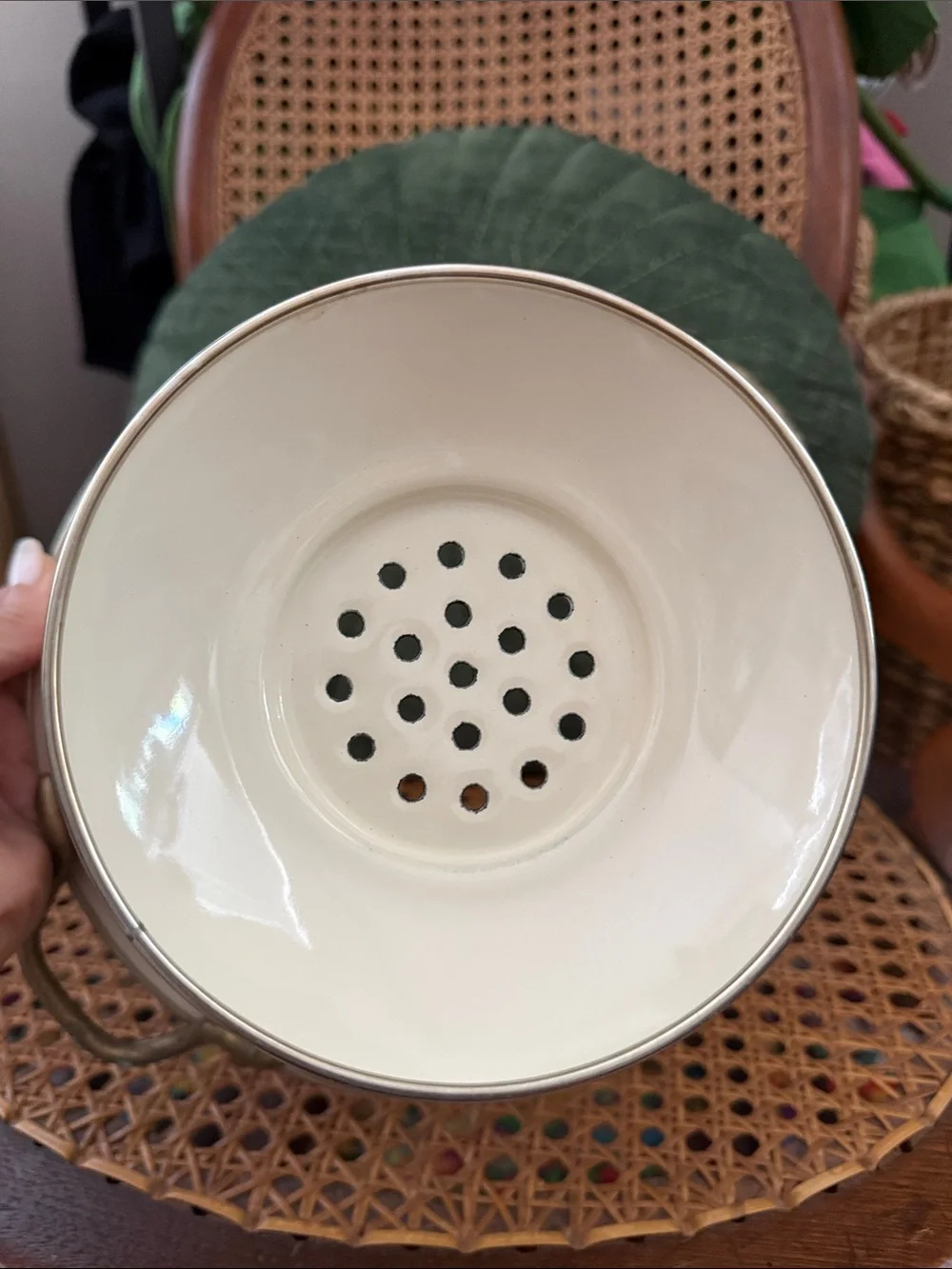 Vintage 80s International Marmalade Goose Enamel Footed Colander Brass Handles